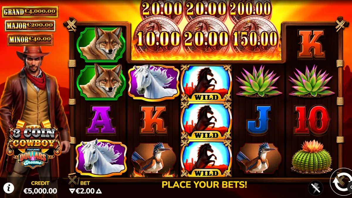 Interface do jogo 3 Coin Cowboy Dollars & Dreams com temática de Velho Oeste